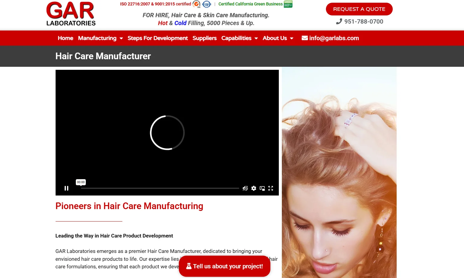 GAR Laboratories website screenshot showing navigation bar, video placeholder, and text about hair care manufacturing.
